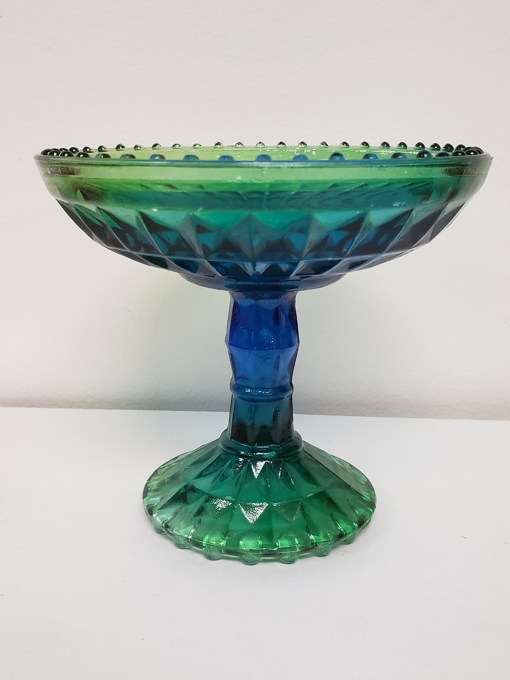 Green & Blue Glass Compote Pedestal Bowl